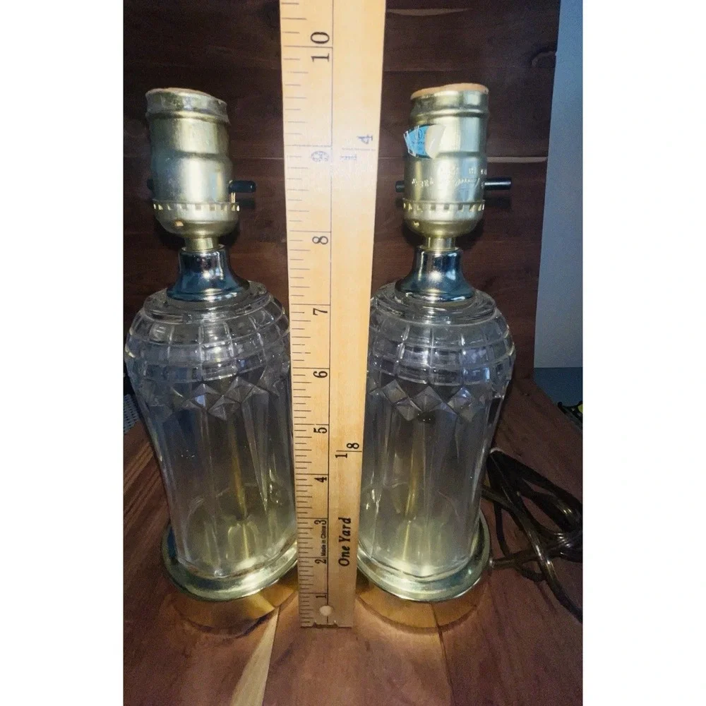 Pair VTG Mid Century Cut Glass Table Lamps Brass Base Hollywood Regency NO SHADE